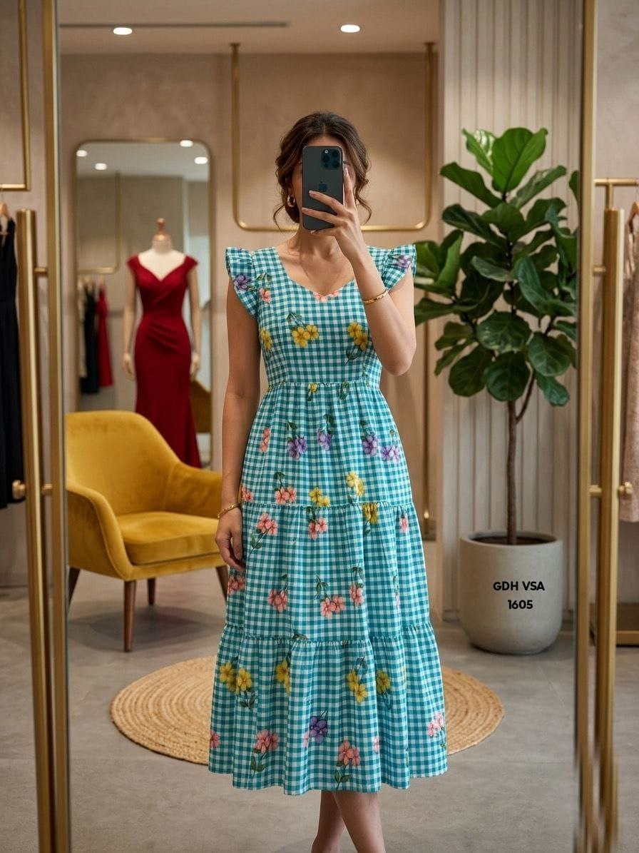 Gingham Floral Cotton Maxi dress - Blue